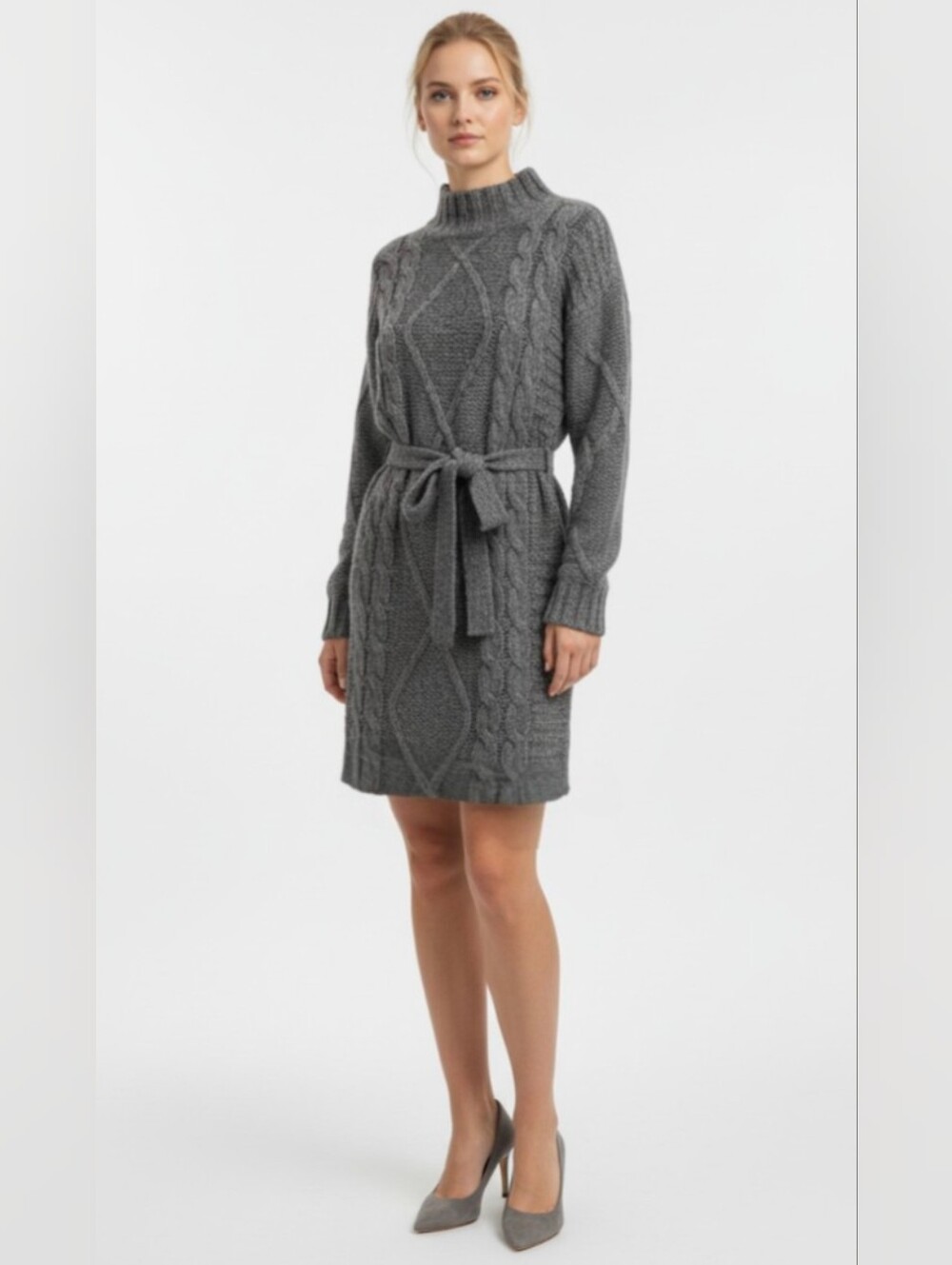 NWOT! AMADI! MARLED GRAY & WHITE CABLE KNIT BELTED TIE WAIST SWEATER DRESS! XS